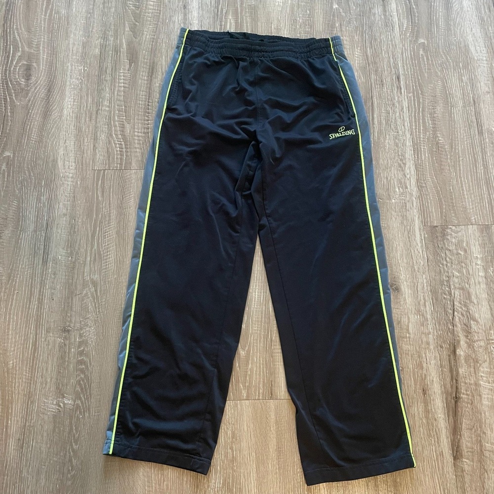 Spalding Mens Athletic Pants Large Black Polyester Grey Side Stripe Track Pants
